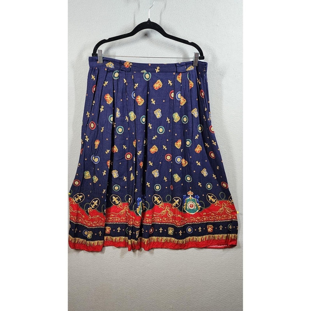 Vintage‎ Chaus Skirt Womens 16 Navy Blue Red Pleated Fleur De Lis Crest 90s Boho